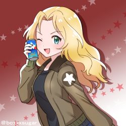 Rule 34 | 10s, 1girl, ;d, bad id, bad pixiv id, black shirt, blonde hair, blue eyes, brown jacket, can, can to cheek, commentary, emblem, from side, girls und panzer, gradient background, hair intakes, holding, holding can, jacket, kakuzatou (boxxxsugar), kay (girls und panzer), long hair, long sleeves, looking at viewer, military, military uniform, one-hour drawing challenge, one eye closed, open mouth, red background, saunders military uniform, shadow, shirt, smile, solo, standing, star (symbol), starry background, twitter username, uniform, upper body