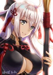 Rule 34 | 1girl, ahoge, bad id, bad pixiv id, breasts, commentary request, ears visible through hair, fate/grand order, fate (series), green eyes, hakuda tofu, highres, holding, large breasts, long hair, looking at viewer, majin saber, okita souji, okita souji (fate), okita souji (koha-ace), okita souji alter (fate), solo, translation request, white hair