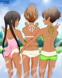 Rule 34 | 00s, 3girls, arm around waist, artist name, ass, assisted exposure, back, bikini, bikini pull, bikini tan, black hair, brown hair, butt crack, casual one-piece swimsuit, clothes lift, clothes pull, day, embarrassed, flying sweatdrops, frilled swimsuit, frills, from behind, girl sandwich, green bikini, grin, hair ornament, hair ribbon, hirasawa ui, k-on!, kneepits, long hair, looking at viewer, looking back, multiple girls, nakano azusa, neck ribbon, official style, one-piece swimsuit, one-piece swimsuit pull, one-piece tan, outdoors, pink one-piece swimsuit, ponytail, profile, pulling another&#039;s clothes, ribbon, sandwiched, short hair, smile, standing, suzuki jun, sweat, swimsuit, swimsuit lift, tan, tanline, thigh gap, torso grab, twintails, v, wading, water, wet, white bikini, yamasaki wataru