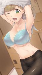 Rule 34 | 1girl, armpits, blue bra, blush, bouncing breasts, bra, breasts, brown hair, cleavage, collarbone, commentary, cowboy shot, fang, green eyes, highres, indoors, inuyama aoi, large breasts, long hair, midriff, motion blur, navel, one eye closed, open mouth, panties, panties under pantyhose, pantyhose, short eyebrows, side ponytail, skin fang, solo, thick eyebrows, underboob, underwear, undressing, urigarasu, yurucamp