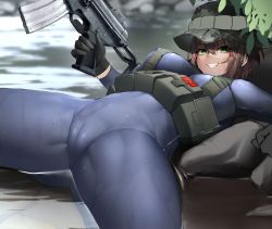 Rule 34 | 1girl, assault rifle, black gloves, blue bodysuit, bodysuit, breasts, brown hair, cameltoe, crotch, daewoo k1, gloves, gluteal fold, green eyes, grin, groin, gun, hair between eyes, hat, highres, holding, holding gun, holding weapon, large breasts, long sleeves, looking at viewer, lying, military, nine (kanine41), on back, original, outdoors, partially submerged, pouch, short hair, skin tight, smile, solo, thick thighs, thighs, water, weapon, wet, wet clothes
