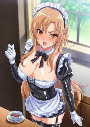 Rule 34 | 1girl, absurdres, apron, asuna (sao), black dress, black garter straps, black thighhighs, blush, breasts, brown eyes, brown hair, cleavage, cup, dress, garter straps, gegegeteikoku, gloves, highres, indoors, large breasts, long hair, long sleeves, looking at viewer, lower teeth only, maid, maid apron, maid headdress, open mouth, plate, puffy long sleeves, puffy sleeves, solo, spoon, standing, sword art online, tea, teacup, teeth, thighhighs, tongue, very long hair, white gloves, window