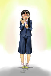 Rule 34 | 1girl, black eyes, black hair, blazer, blue jacket, blue skirt, blush, braid, embarrassed, full body, gradient background, hands up, have to pee, highres, jacket, legs apart, long hair, long sleeves, looking at viewer, miminari, open mouth, peeing, peeing self, pink socks, pleated skirt, puddle, red ribbon, ribbon, school uniform, shirt, shoes, simple background, skirt, smile, socks, solo, standing, sweat, tears, teeth, trembling, twin braids, wet, wet clothes, wet skirt, white background, white footwear, white shirt, yellow background