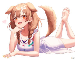 Rule 34 | 1girl, :d, absurdres, animal ears, barefoot, blush, braid, breasts, brown hair, cleavage, collarbone, dog ears, dog girl, dog tail, dress, fangs, feet up, hair ornament, hairclip, head rest, heart, highres, hololive, hoso-inu, inugami korone, inugami korone (1st costume), listener (inugami korone), looking at viewer, lying, medium breasts, nail polish, on stomach, oni0417, open mouth, orange eyes, sleeveless, sleeveless dress, smile, soles, tail, teeth, the pose, twin braids, twintails, upper teeth only, virtual youtuber, white dress