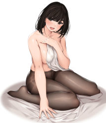 Rule 34 | 1girl, absurdres, aikawa ren, bare shoulders, bed, bed sheet, black hair, breasts, brown eyes, chinese commentary, collarbone, commentary, eyebrows, ganbare douki-chan, highres, indoors, kouhai-chan (douki-chan), large breasts, miru tights, naidong (artist), naked sheet, navel, open mouth, pantyhose, short hair, solo, teeth, thighs, tongue, topless