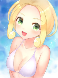 Rule 34 | 1girl, :d, alternate costume, bare arms, bikini, blonde hair, blush, breasts, cleavage, collarbone, commentary request, creatures (company), day, game freak, green eyes, looking at viewer, nintendo, open mouth, outdoors, pokemon, pokemon xy, short hair, sidelocks, smile, solo, swimsuit, takahara, tongue, upper body, viola (pokemon), white bikini