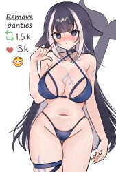 Rule 34 | :o, absurdres, bikini, black hair, blue bikini, blue collar, blue eyes, blush, cetacean tail, collar, commentary, criss-cross halter, emoji, english commentary, fins, fish tail, gluteal fold, grey hair, groin, halterneck, heart, highres, indie virtual youtuber, leg tattoo, like and retweet, long hair, looking at viewer, meiwowowo, meme, multicolored hair, navel, open clothes, pleading face emoji, shylily, skindentation, streaked hair, sweat, swimsuit, tail, tattoo, thigh strap, twitter strip game (meme), very long hair, virtual youtuber