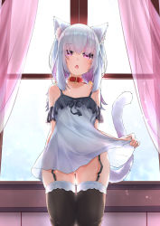 Rule 34 | 1girl, absurdres, animal collar, animal ear fluff, animal ears, black thighhighs, cat ears, cat girl, cat tail, chemise, clothes lift, collar, curtains, dress, dress lift, eto (eto96-1114), fang, garter straps, highres, long hair, low twintails, moe2021, multicolored hair, open mouth, original, pink eyes, pink hair, see-through silhouette, silver hair, skin fang, tail, thighhighs, triangle mouth, twintails, two-tone hair, window