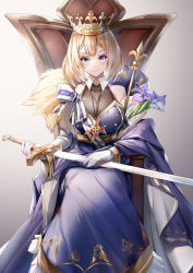 Rule 34 | 1girl, absurdres, armchair, blonde hair, blue dress, blue eyes, blush, bouquet, breasts, chair, character request, chinese commentary, cleavage, closed mouth, crown, dress, feet out of frame, flower, gloves, highres, holding, holding sword, holding weapon, looking at viewer, lubikaya, medium breasts, medium hair, scepter, simple background, sitting, smile, solo, sword, warship girls r, weapon, white gloves