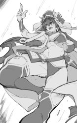 Rule 34 | 10mo, 1girl, bare shoulders, bead necklace, beads, bikini, blush, breasts, bridal gauntlets, cleavage, detached sleeves, earrings, fate/grand order, fate (series), greyscale, hair between eyes, highres, hoop earrings, jewelry, large breasts, long hair, monochrome, navel, necklace, open mouth, prayer beads, smile, solo, swimsuit, thighhighs, thighs, vest, xuangzang sanzang (fate)
