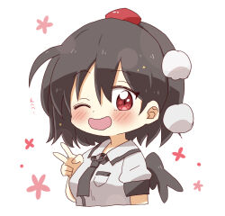 Rule 34 | 1girl, ;d, black hair, black necktie, black wings, blush, breasts, chibi, collared shirt, cropped torso, dress shirt, floral background, hair between eyes, hand up, hat, highres, looking at viewer, medium breasts, mini hat, necktie, one eye closed, open mouth, puffy short sleeves, puffy sleeves, red eyes, red hat, shameimaru aya, shirt, short sleeves, simple background, smile, solo, star (symbol), star in eye, symbol in eye, tokin hat, totoharu (kujirai minato), touhou, translation request, upper body, v, white background, white shirt, wings