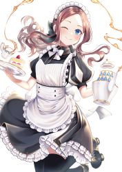 Rule 34 | 1girl, absurdres, apron, black bow, black dress, black thighhighs, blue eyes, blush, bow, breasts, brown hair, cake, cup, dress, fate/grand order, fate (series), food, forehead, hair bow, highres, leonardo da vinci (fate), leonardo da vinci (fate/grand order), leonardo da vinci (rider) (fate), leonardo da vinci (rider) (second ascension) (fate), long hair, looking at viewer, maid headdress, one eye closed, parted bangs, ponytail, puff and slash sleeves, puffy short sleeves, puffy sleeves, short sleeves, small breasts, smile, solo, tea, teacup, teapot, thighhighs, thighs, tobi (pixiv41237754), white apron