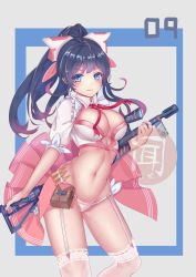 Rule 34 | 1girl, black hair, blue eyes, bow, breasts, bullet, cleavage, crop top, frills, garter straps, groin, gun, hair bow, highres, holding, holding gun, holding weapon, large breasts, loki1998, long hair, looking at viewer, navel, neck ribbon, original, panties, pink skirt, pleated skirt, ponytail, pouch, red ribbon, ribbon, scope, see-through, shirt, short sleeves, showgirl skirt, skirt, smile, solo, standing, stomach, thighhighs, thighs, underwear, v-shaped eyebrows, weapon, white panties, white shirt, wing collar