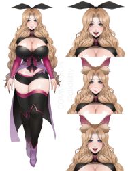 Rule 34 | 1girl, black ribbon, black thighhighs, blonde hair, blue eyes, blush, braid, breasts, cleavage, commentary, commission, english commentary, hair ribbon, high heels, highres, indie virtual youtuber, kitty keihara, large breasts, long hair, nail polish, open mouth, purple footwear, ribbon, rosey (vtuber), smile, thighhighs, twin braids, very long hair, virtual youtuber