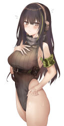 Rule 34 | 1girl, armband, blush, breasts, brown eyes, brown hair, closed mouth, covered navel, cowboy shot, flying sweatdrops, girls&#039; frontline, green hair, headphones, highres, large breasts, leotard, long hair, m4a1 (girls&#039; frontline), multicolored hair, ru zhai, simple background, solo, streaked hair, white background