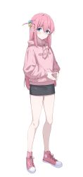 Rule 34 | 1girl, absurdres, bare legs, black skirt, blue eyes, blush, bocchi the rock!, breasts, closed mouth, commentary, cube hair ornament, drawstring, full body, gotoh hitori, hair between eyes, hair ornament, highres, hood, hood down, hoodie, long hair, long sleeves, looking at viewer, medium breasts, one side up, pink footwear, pink hair, pink hoodie, shoes, sidelocks, simple background, skirt, sneakers, solo, steepled fingers, tachi-e, white background, whitek