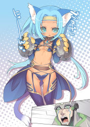 Rule 34 | 1girl, animal ears, bacchus d-71, bacchus d-79, bad id, bad pixiv id, blade (galaxist), blue eyes, blue hair, cat ears, cat tail, claws, flat chest, meracle chamlotte, midriff, navel, o-ring, revealing clothes, star ocean, star ocean the last hope, tail, thighhighs, translation request