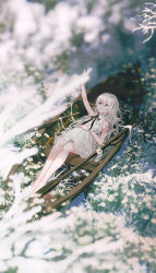 Rule 34 | 1girl, arm up, bare shoulders, barefoot, black ribbon, boat, branch, commentary, daby, daisy, dress, flower, from above, hand on own stomach, highres, long hair, looking up, lying, meadow, neck ribbon, oar, on back, original, ribbon, sleeveless, sleeveless dress, solo, symbol-only commentary, watercraft, white dress, white hair, wrist cuffs, yellow eyes