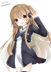Rule 34 | 1girl, :d, arm up, bad id, bad pixiv id, black dress, black jacket, black thighhighs, blush, brown eyes, brown hair, copyright request, dated, dress, hair between eyes, headphones, headset, jacket, long hair, long sleeves, looking at viewer, nanase nao, one side up, open mouth, simple background, smile, solo, thighhighs, twitter username, very long hair, virtual youtuber, white background