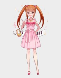 Rule 34 | 1girl, arm at side, bare arms, bare legs, black bow, blunt bangs, blush, bow, brown eyes, brown hair, collarbone, commentary request, dot nose, dress, frilled dress, frills, glasses, grey background, hair bow, hand on own hip, hand up, ich., idolmaster, idolmaster cinderella girls, ikebukuro akiha, jewelry, knees, long hair, looking at viewer, mary janes, medium bangs, multiple hair bows, musical note, necklace, official alternate costume, piano keys, pink-framed eyewear, pink dress, pink footwear, pointing, pointing up, semi-rimless eyewear, shoes, sidelocks, simple background, sleeveless, sleeveless dress, smile, solo, standing, straight-on, straight hair, teeth, twintails, under-rim eyewear, upper teeth only, waist bow