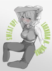 Rule 34 | 1girl, alcohol, arm over head, blush, breasts, can, cropped legs, drink, drunk, english text, exercising, eyelashes, greyscale, highres, holding, holding drink, large breasts, looking at viewer, midriff, monochrome, original, pants, parted lips, ptlegoluke, short hair, simple background, sitting, sleeveless, sleeveless turtleneck, sportswear, spread legs, sweat, turtleneck, white background, workout clothes
