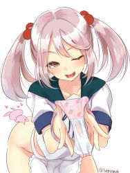 Rule 34 | 1girl, apron, blush, bottomless, hair bobbles, hair ornament, heart, highres, holding, holding clothes, holding panties, holding underwear, kantai collection, long hair, one-hour drawing challenge, one eye closed, open mouth, panties, pink eyes, pink hair, pink panties, presenting removed panties, pussy juice stain, rabbit, sailor collar, sazanami (kancolle), school uniform, serafuku, short sleeves, simple background, stained panties, takase muh, twintails, underwear, unworn panties, white background