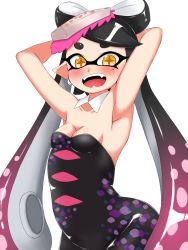 Rule 34 | 1girl, arms up, bad anatomy, bare shoulders, black hair, bow, breasts, callie (splatoon), cleavage, detached collar, dress, earrings, food, food on head, hair bow, highres, inkling, jewelry, long hair, mole, mole under eye, nintendo, object on head, open mouth, penguin maru (penginmaru), pointy ears, small breasts, solo, splatoon (series), splatoon 1, squid, standing, strapless, tentacle hair, white background, yellow eyes