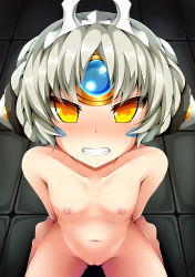 Rule 34 | 1girl, arms behind back, blush, breasts, clenched teeth, code: empress (elsword), collarbone, completely nude, crown, elsword, eve (elsword), facial mark, female focus, forehead jewel, from above, groin, highres, jewelry, kneeling, legs apart, looking at viewer, navel, nipples, nude, pussy, shiny skin, short hair, small breasts, solo, steelycross, teeth, yellow eyes