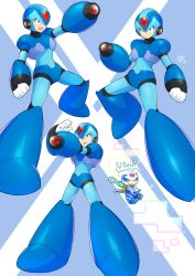 Rule 34 | 1boy, android, armor, artist name, blue armor, chibi, clenched hand, closed mouth, commentary, cyber elf x (mega man), dated, full body, green eyes, helmet, knee up, legs apart, lower teeth only, male focus, mega man (series), mega man x (series), mega man zero (series), multiple views, open mouth, robot, serious, solo, standing, teeth, tobitori, upper teeth only, x (mega man)