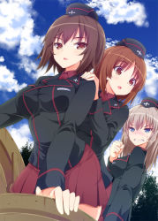 Rule 34 | 10s, 3girls, alternate costume, blue eyes, blush, brown eyes, brown hair, clenched hand, clenched teeth, cloud, cloudy sky, day, dress shirt, garrison cap, girls und panzer, grimace, hands on another&#039;s shoulders, hat, itsumi erika, jacket, jealous, long sleeves, looking at another, looking at viewer, matching outfits, military, military uniform, military vehicle, miniskirt, motor vehicle, multiple girls, nishizumi maho, nishizumi miho, pleated skirt, red shirt, red skirt, sabano niwatori, shirt, short hair, siblings, silver hair, sisters, skirt, sky, standing, sweatdrop, tank, teeth, uniform, vehicle
