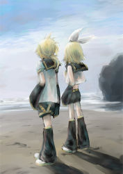 Rule 34 | 1boy, 1girl, air 0, back, bad id, bad pixiv id, beach, brother and sister, day, highres, kagamine len, kagamine rin, ocean, outdoors, sand, shadow, short shorts, shorts, siblings, sketch, sky, twins, vocaloid