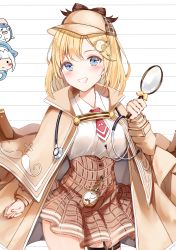 Rule 34 | 2girls, absurdres, blonde hair, bloop (gawr gura), blue eyes, breasts, brown jacket, capelet, collared shirt, facing viewer, gawr gura, grin, hair ornament, hat, highres, holding, hololive, hololive english, jacket, large breasts, long sleeves, looking at viewer, magnifying glass, multiple girls, necktie, plaid, plaid skirt, red neckwear, shirt, shirt tucked in, skirt, smile, solo focus, stethoscope, teeth, thigh strap, thighs, virtual youtuber, watson amelia, white shirt, yukineko1018