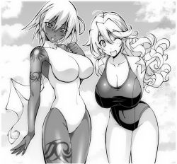 Rule 34 | 2girls, blush, breasts, dark-skinned female, dark skin, fang, greyscale, happy, highleg, highleg swimsuit, large breasts, long hair, looking at viewer, lying, monochrome, multiple girls, on side, one-piece swimsuit, one eye closed, open mouth, rakko (r2), sandy bash, short hair, shoulder tattoo, simple background, sky, smile, suketto sanjou!, swimsuit, tattoo, thighhighs, very long hair, wendy crawford, wink
