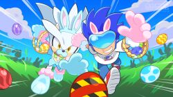 Rule 34 | 2boys, animal ears, artist request, bad source, basket, blue sky, cloud, cosplay, easter egg, egg, fake animal ears, highres, male focus, multiple boys, official art, open mouth, outdoors, rabbit ears, reaching, running, shirt, silver the hedgehog, sky, smirk, sonic (series), sonic man, sonic the hedgehog, sonic the hedgehog (2006), sonic the hedgehog (cosplay), white shirt, yellow eyes