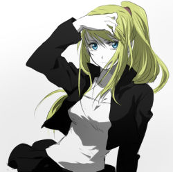 Rule 34 | 1girl, arm at side, black skirt, blonde hair, blue eyes, crying, crying with eyes open, expressionless, fingernails, floating hair, fullmetal alchemist, gradient background, grey background, hand in own hair, jacket, long hair, looking away, ponytail, riru, shaded face, shirt, simple background, skirt, solo, tears, upper body, white background, white shirt, winry rockbell