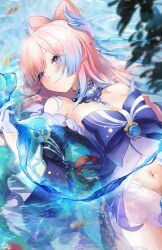Rule 34 | 1girl, bare shoulders, blue dress, bow, bow-shaped hair, bowtie, breasts, cleavage, detached sleeves, dress, genshin impact, gloves, hair ornament, highres, light smile, long hair, medium breasts, multicolored hair, navel, partially submerged, pink hair, pistachiocream, purple eyes, sangonomiya kokomi, shorts, solo, streaked hair, thighs, vision (genshin impact), water, white gloves, white shorts