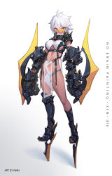 Rule 34 | 1girl, ahoge, arm blade, armor, artist name, bandages, blade, dark-skinned female, dark skin, english text, fangs, gauntlets, gradient background, greaves, hair between eyes, highres, navel, nian (zhanian), open mouth, original, red eyes, see-through, short hair, signature, smile, solo, standing, tongue, weapon, white hair