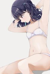 Rule 34 | 1girl, armpits, arms up, bad id, bad twitter id, bare arms, bare shoulders, black hair, bra, commentary request, flat chest, fukumaru koito, grey background, hair tie, highres, hiroki (yyqw7151), idolmaster, idolmaster shiny colors, looking to the side, navel, panties, purple eyes, sitting, solo, thighs, twintails, underwear, underwear only, white bra, white panties