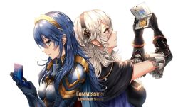 Rule 34 | 2girls, armor, back-to-back, black armor, blue eyes, blue hair, breasts, corrin (female) (fire emblem), corrin (fire emblem), fire emblem, fire emblem awakening, fire emblem fates, gloves, hairband, handheld game console, looking down, looking up, lucina (fire emblem), multiple girls, nintendo, nintendo 3ds, nintendo 3ds ll, pointy ears, red eyes, smile, tiara, wani (fadgrith), white hair