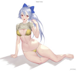 Rule 34 | 1girl, arm support, artist name, bare legs, barefoot, bikini, blue bow, bow, breasts, character name, clothes writing, commentary, fate/grand order, fate (series), hair bow, high ponytail, highres, ki min-woo, long hair, looking at viewer, medium breasts, navel, open mouth, ponytail, red eyes, short sleeves, silver hair, simple background, sitting, solo, stomach, swimsuit, tomoe gozen (fate), tomoe gozen (swimsuit saber) (fate), white background, yellow bikini, yokozuwari