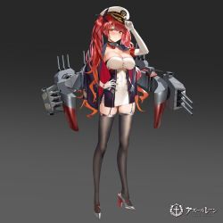 Rule 34 | 1girl, artillery, azur lane, black jacket, black thighhighs, blush, breasts, buttons, cleavage, double-breasted, dress, elbow gloves, full body, garter straps, gloves, gradient hair, grey background, hat, honolulu (azur lane), jacket, jacket on shoulders, large breasts, long hair, looking at viewer, microdress, military, military uniform, multicolored hair, naval uniform, official art, orange hair, peaked cap, red eyes, red hair, rigging, simple background, solo, strapless, strapless dress, taut clothes, taut dress, thighhighs, turret, twintails, uniform, very long hair, white gloves, white hat, yunsang