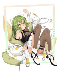 Rule 34 | 1girl, animal ears, armpit peek, border, breasts, bright pupils, cat ears, cleavage, commentary, congratulations, english commentary, green hair, hair tubes, heart, highres, in0suke (vtuber), indie virtual youtuber, jacket, long hair, looking at viewer, medium breasts, off shoulder, sitting, smile, solo, thigh strap, thighhighs, virtual youtuber, whiskers, white background, white jacket, white pupils, xiaociiao, yellow eyes