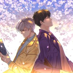 Rule 34 | 2boys, back-to-back, book, brown hair, cardcaptor sakura, cherry blossoms, closed mouth, coat, closed eyes, from side, glasses, half-closed eyes, highres, holding, holding book, jacket, kinomoto touya, leaning on person, long coat, male focus, multiple boys, petals, profile, reading, shade, short hair, tsukishiro yukito, white hair, yellow coat, zid jido