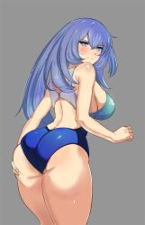 Rule 34 | 1girl, ass, ass grab, bare shoulders, blue eyes, blue hair, blush, boku no hero academia, breasts, grabbing own ass, grey background, hadou nejire, huge ass, jamjam, large breasts, long hair, looking at viewer, looking back, one-piece swimsuit, shiny skin, smile, solo, swimsuit, thick thighs, thighs