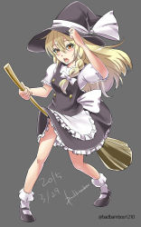 Rule 34 | 10s, 1girl, 2015, artist name, badbamboo, blonde hair, braid, broom, dated, grey background, hat, highres, kirisame marisa, long hair, open mouth, simple background, single braid, solo, touhou, twitter username, witch hat, yellow eyes