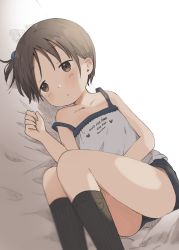 Rule 34 | 1girl, blurry, brown eyes, brown hair, camisole, child, depth of field, expressionless, female focus, flat chest, highres, ichigo mashimaro, itou chika, kneehighs, lying, matching hair/eyes, nanoningen (anapoko), on bed, on side, one side up, short hair, short shorts, shorts, socks, solo, strap slip