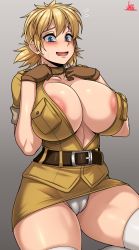 Rule 34 | 1girl, absurdres, areola slip, artist name, belt, blonde hair, blue eyes, breast pocket, breasts, brown gloves, cameltoe, choker, cleavage, cleft of venus, collarbone, commentary, curvy, fang, flying sweatdrops, gloves, gradient background, grey background, hands up, hellsing, highres, huge breasts, jmg, no bra, open clothes, open mouth, open shirt, panties, pocket, seras victoria, shiny skin, skirt, smile, solo, thick thighs, thighhighs, thighs, tongue, underwear, wavy mouth, white panties