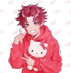 Rule 34 | 1boy, blush, hello kitty, hello kitty (character), highres, hugging object, male focus, mask pull, multicolored background, nail polish, nyamnyam0502, paradox live, pink background, red eyes, red hair, sanrio, solo, stuffed animal, stuffed toy, sugasano allen, v, white background