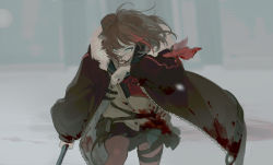 Rule 34 | 1girl, animal ears, arknights, axe, bad id, bad twitter id, battlefield, blood, blood on clothes, blood on face, blue eyes, brown hair, cowboy shot, curtch, fur trim, holding, holding axe, holding weapon, jacket, kneehighs, multicolored hair, multiple girls, open clothes, open jacket, outdoors, pantyhose, red socks, school uniform, serafuku, short hair, snow, snowing, socks, solo, solo focus, streaked hair, thigh strap, weapon, zima (arknights)