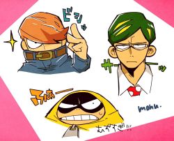 Rule 34 | 3boys, best jeanist, black mask, boku no hero academia, clenched teeth, closed mouth, collared shirt, commentary, covered mouth, eye mask, fat gum (boku no hero academia), glasses, green hair, hair over one eye, hand up, highres, hood, hood up, long sleeves, looking at viewer, male focus, monu, multiple boys, necktie, orange hair, pink background, portrait, shirt, short hair, simple background, sir nighteye, teeth, translation request, white background, yellow eyes, zipper pull tab